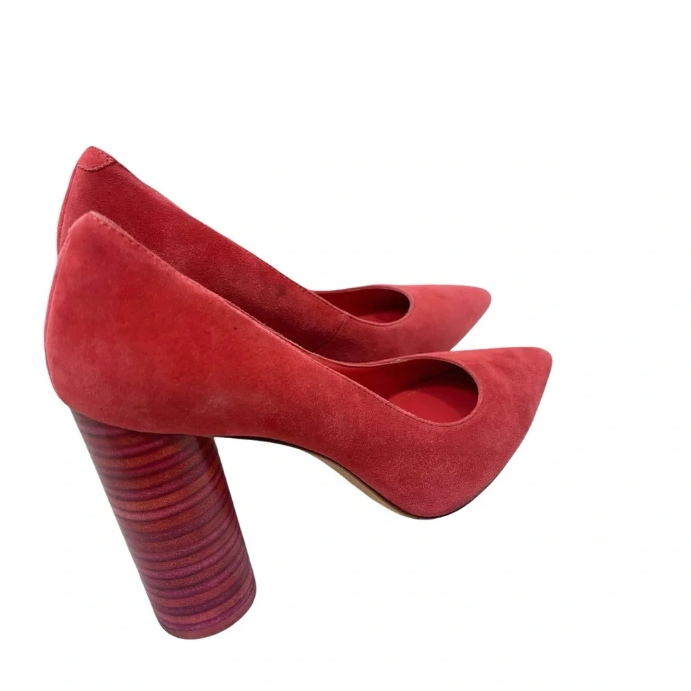 POUR LA VICTOIRE Coral Pink Suede Heels Pumps Wood‎ Cylindrical Heel Size 8 - Picture 4 of 9